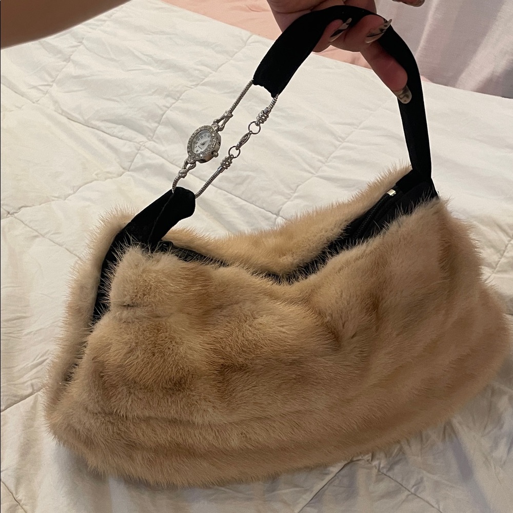 Beige mink Fur Shoulder Bag with Decorative Chain Handle